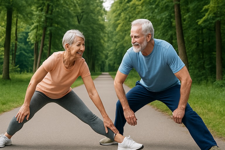Older adult stretching outdoors at sunrise